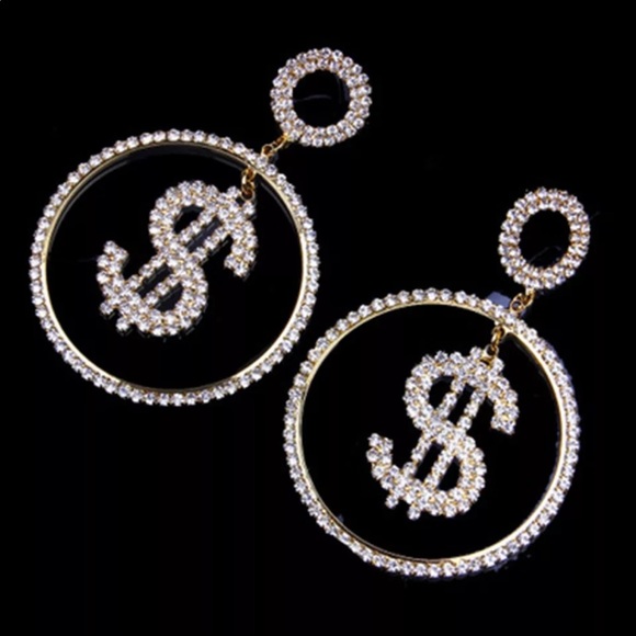 Miss Glam Co. Jewelry - Bling Money Sign Rhinestone Diamond Silver Earrings